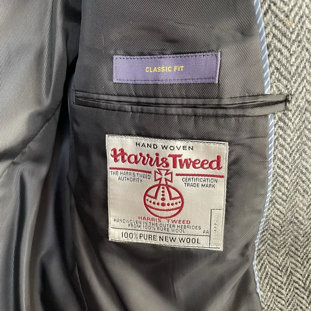 Harris Tweed Stafford Blazer Mens 42R Gray Herringbone‎ Wool Sport Coat Classic